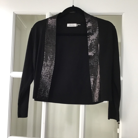Calvin Klein black cropped knit cardigan with sequin trim front size M -fits S/M - Picture 4 of 4